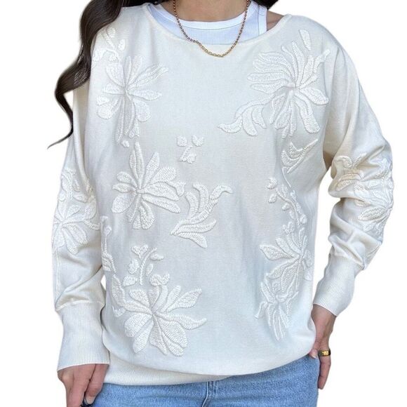 New Chicos Off White Pullover Sweater Floral Textured Plus Size 3XL Spring NWOT - Picture 1 of 7